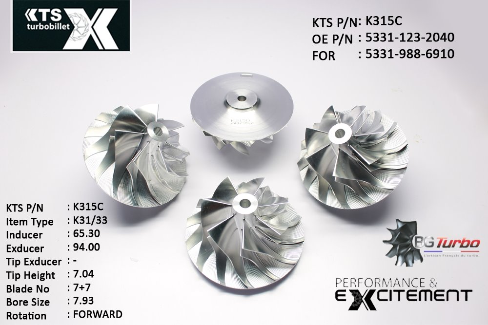 Turbo ROUE FORGÉE MFS PERFORMANCE - 7+7 PALES - INDUCER : 65,3 - EXDUCER : 94 - TYPE : K31/33ANGLE : 50° - ROTATION : Forward - SUPER BACK : 6 - BORE SIZE : 7,93
